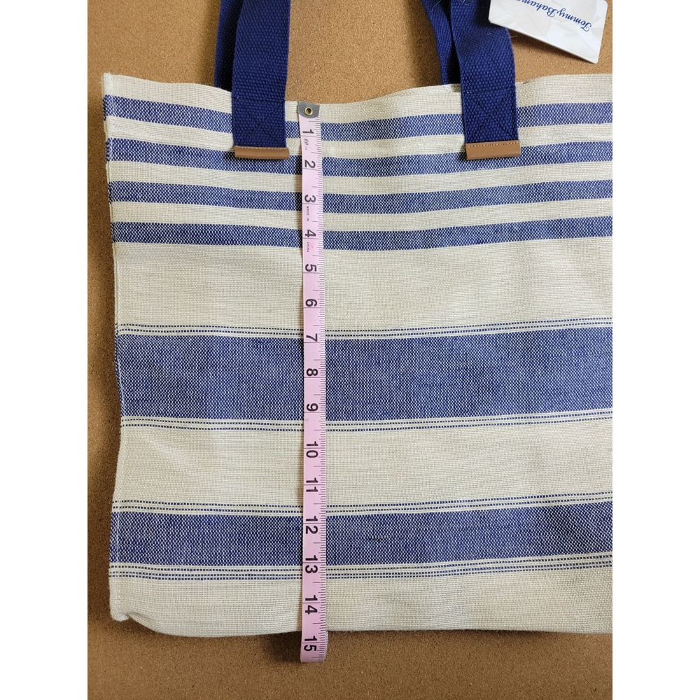 NWT Tommy Bahama Ctoon & Jute Reusable Tote Woven Bag with tan and blue strips - Picture 2 of 6